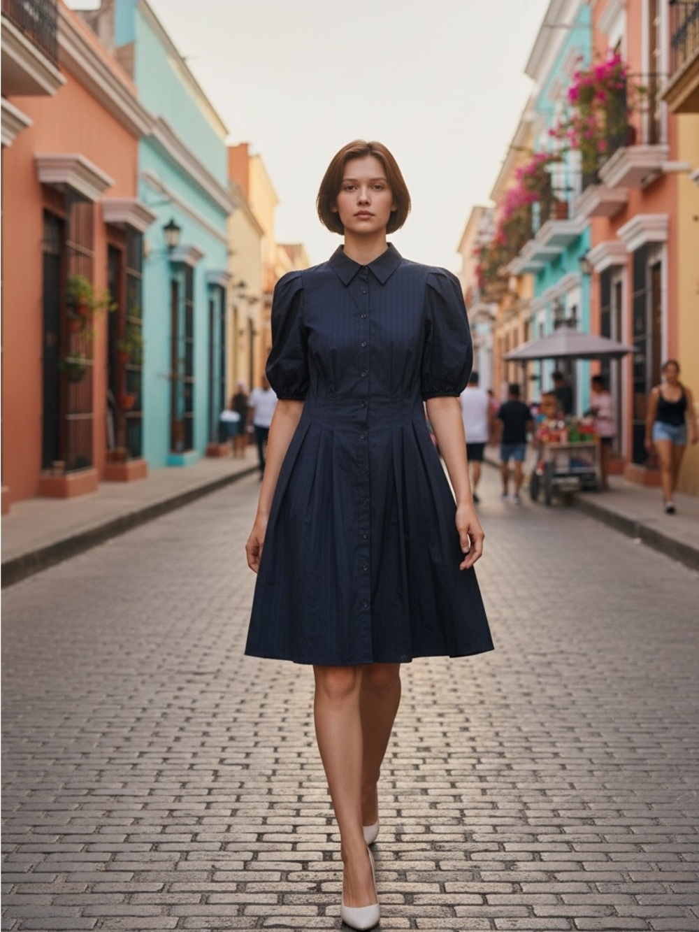 Eliza J Navy Cotton Collared Button Front Puff Short Sleeve Dress Size 6